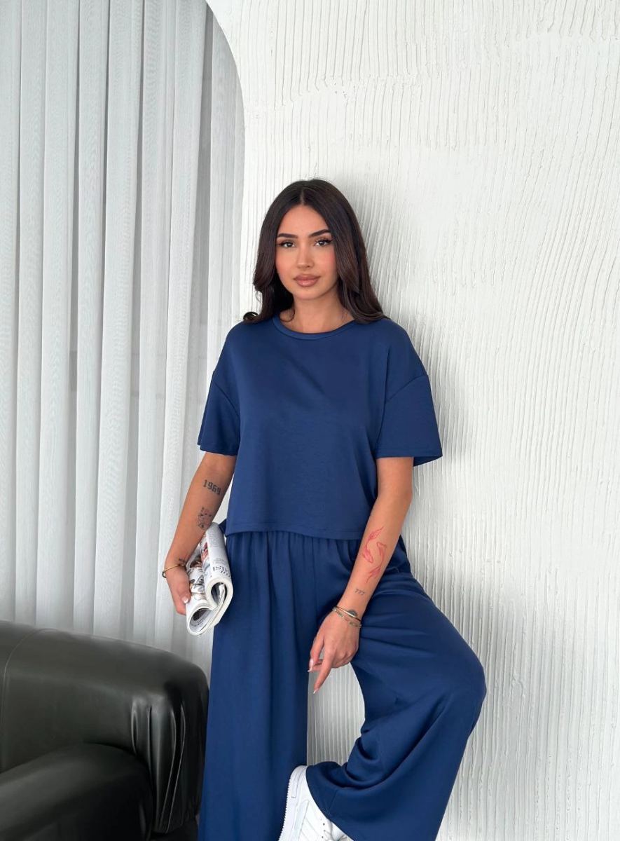 Kadın Osy Modal Yumuşak Dokulu Kumaş Bisiklet Yaka T-shirt Pantolon ikili Takım -Saks Mavisi