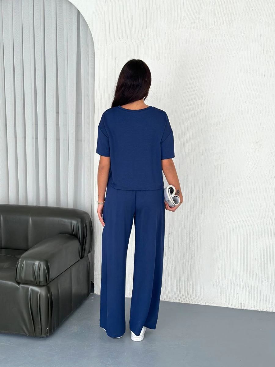 Kadın Osy Modal Yumuşak Dokulu Kumaş Bisiklet Yaka T-shirt Pantolon ikili Takım -Saks Mavisi