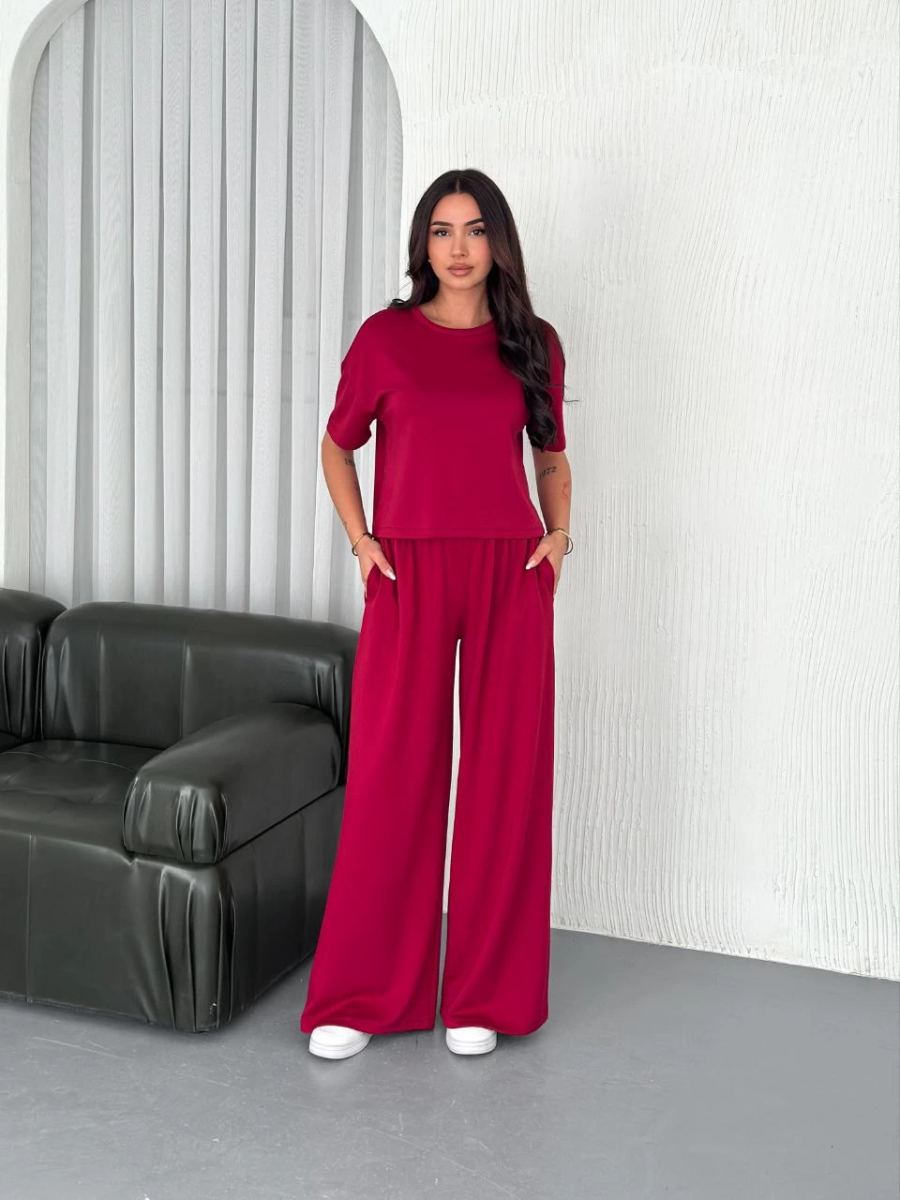 Kadın Osy Modal Yumuşak Dokulu Kumaş Bisiklet Yaka T-shirt Bol paça Pantolon ikili Takım -Bordo