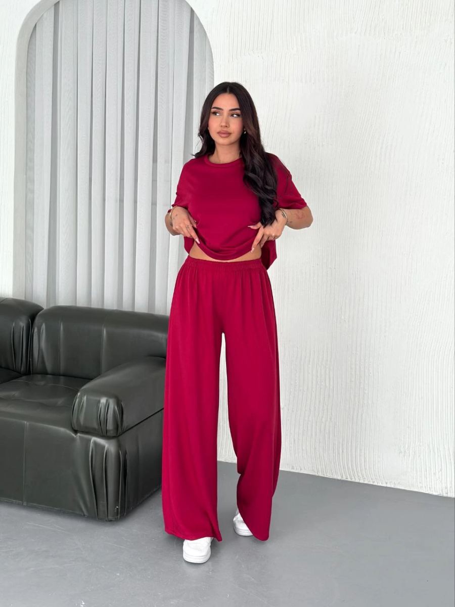 Kadın Osy Modal Yumuşak Dokulu Kumaş Bisiklet Yaka T-shirt Bol paça Pantolon ikili Takım -Bordo