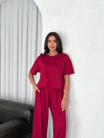 Kadın Osy Modal Yumuşak Dokulu Kumaş Bisiklet Yaka T-shirt Bol paça Pantolon ikili Takım -Bordo