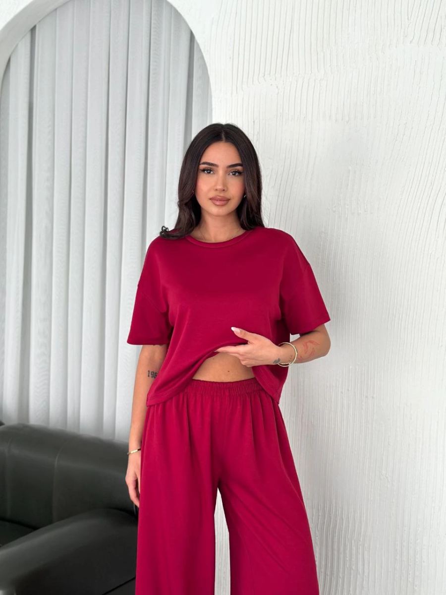 Kadın Osy Modal Yumuşak Dokulu Kumaş Bisiklet Yaka T-shirt Bol paça Pantolon ikili Takım -Bordo