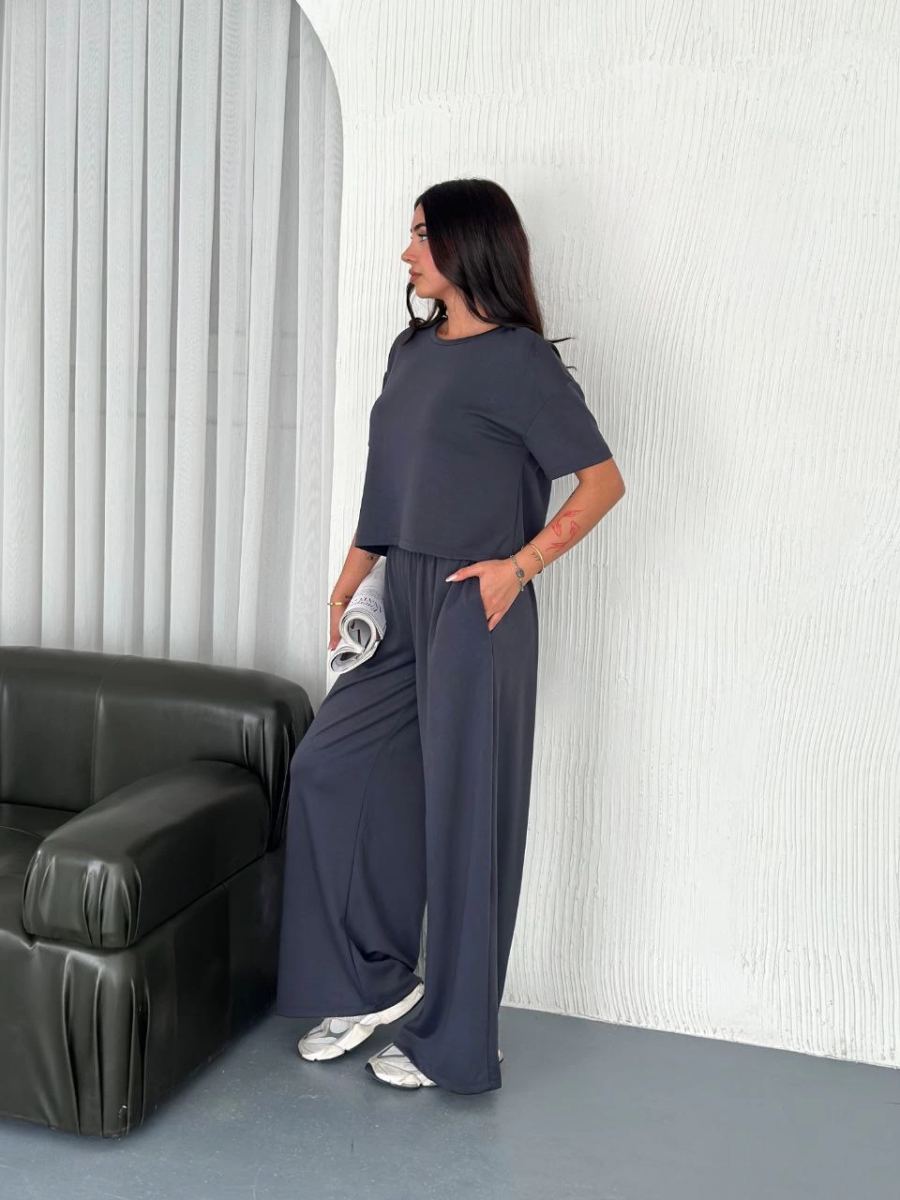 Kadın Osy Modal Yumuşak Dokulu Kumaş Bisiklet Yaka T-shirt Bol paça Pantalon ikili Takım -Antrasit