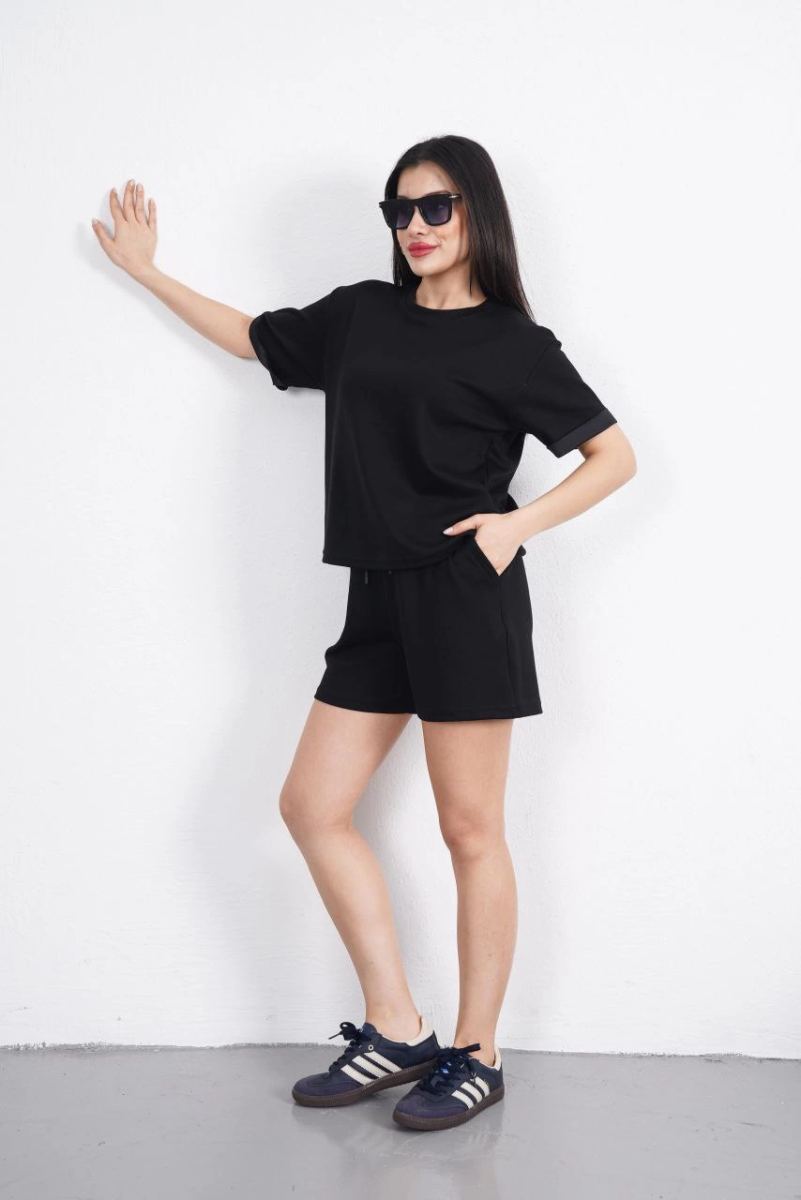 Osy Modal yumuşak dokulu Kumaş Kadın Bisiklet Yaka T-shirt Kısa Şort İkili Takım - Siyah