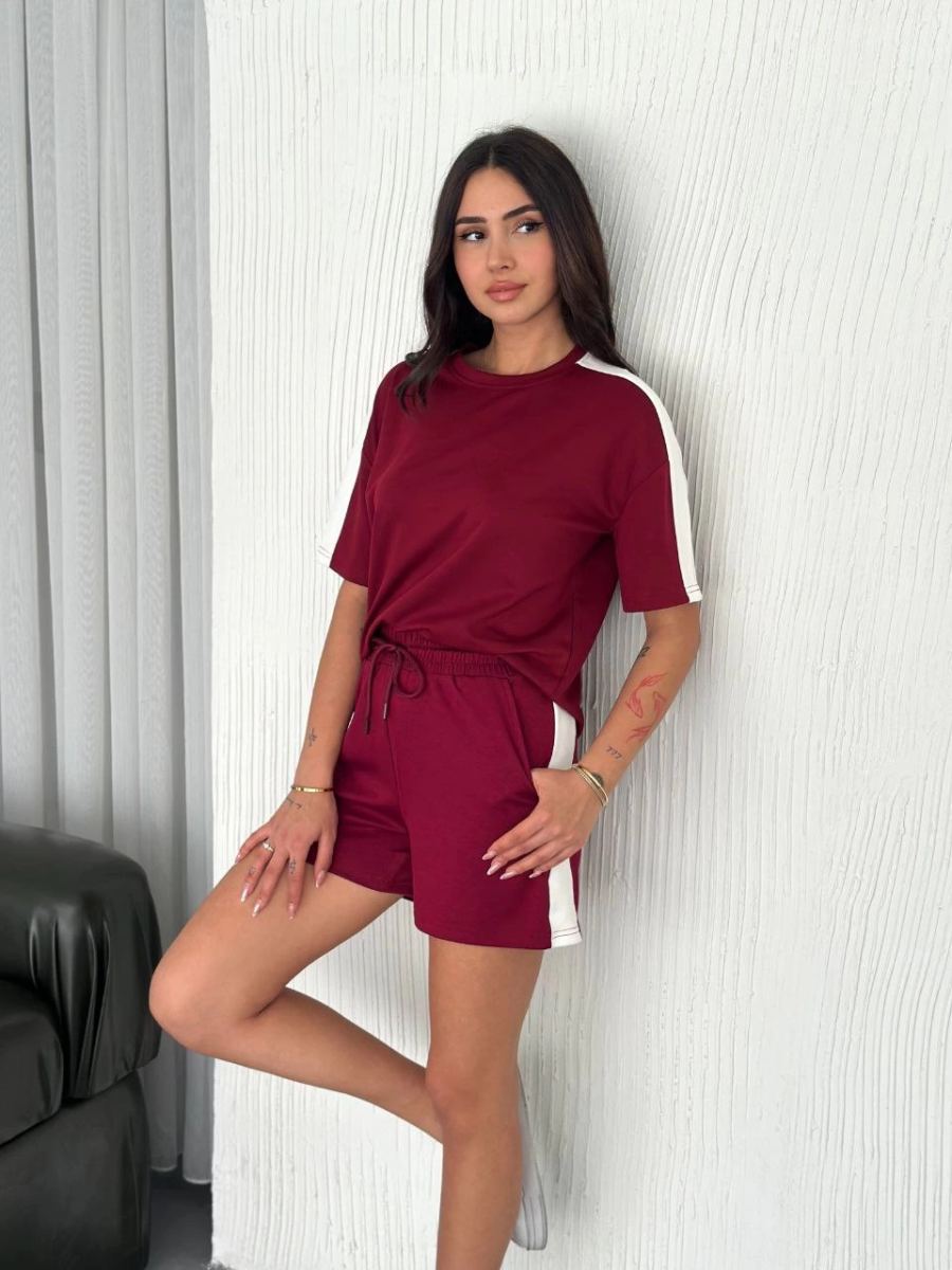 Osy Modal yumuşak dokulu Kumaş Kadın Parçalı Bisiklet Yaka T-shirt Kısa Şort İkili Takım - Bordo