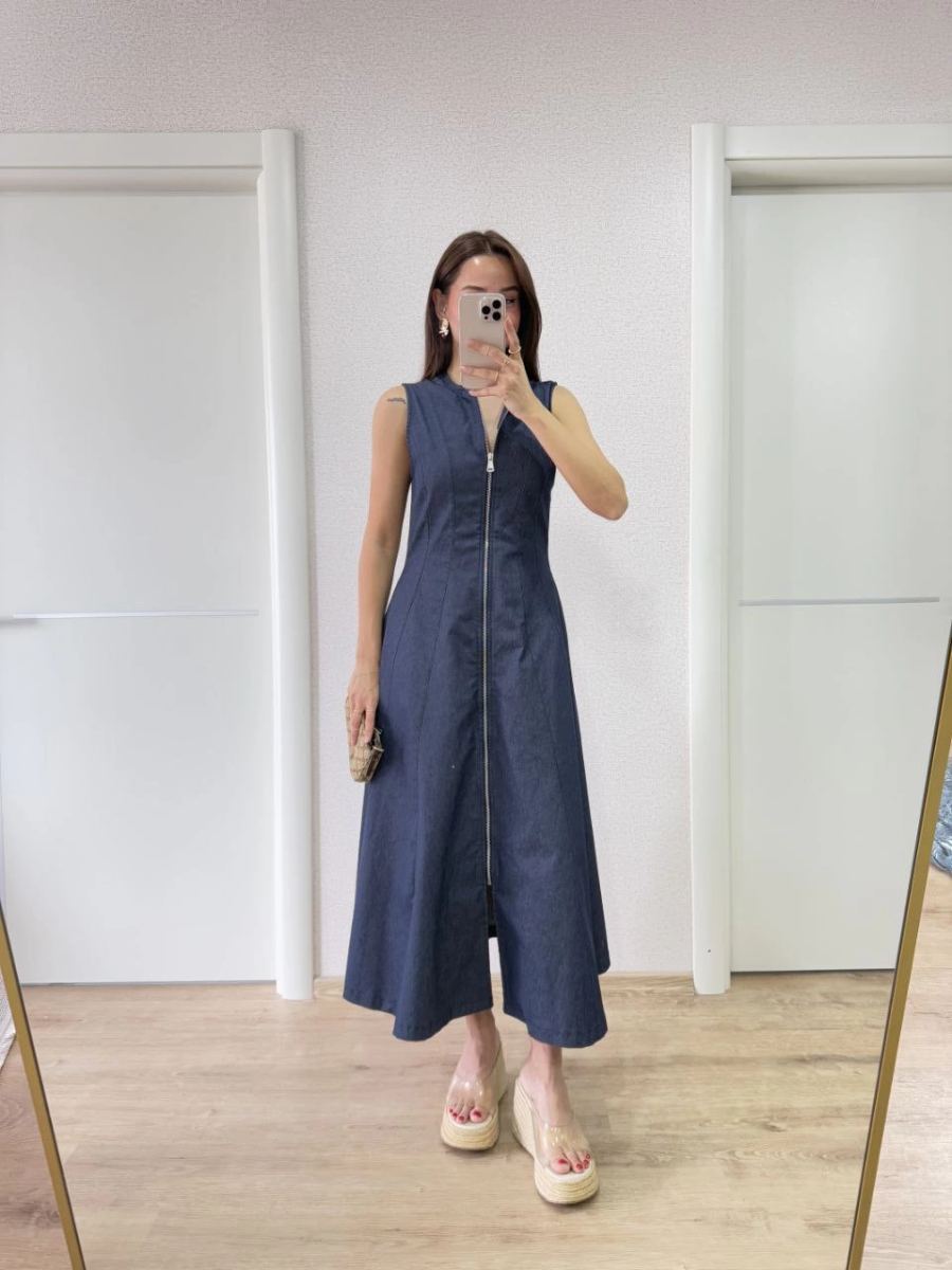 Kadın Jeans Kot Önü Tam Fermuarlı  Uzun Elbise - Mavi