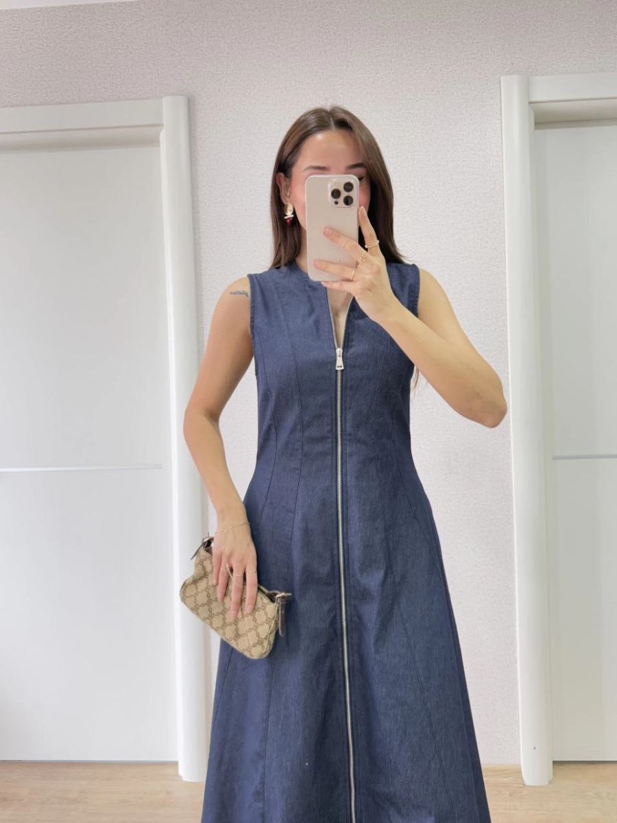 Kadın Jeans Kot Önü Tam Fermuarlı  Uzun Elbise - Mavi