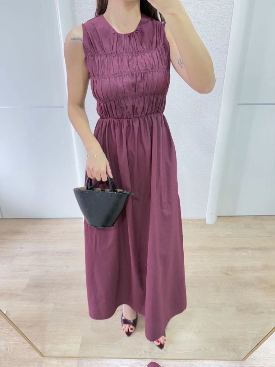 Kadın Kolsuz Göğüs Lastıklı %100 Poplin Uzun Elbise - Bordo
