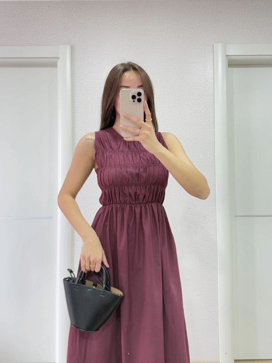 Kadın Kolsuz Göğüs Lastıklı %100 Poplin Uzun Elbise - Bordo