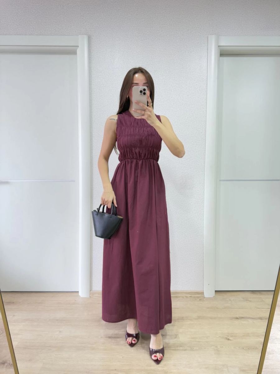 Kadın Kolsuz Göğüs Lastıklı %100 Poplin Uzun Elbise - Bordo