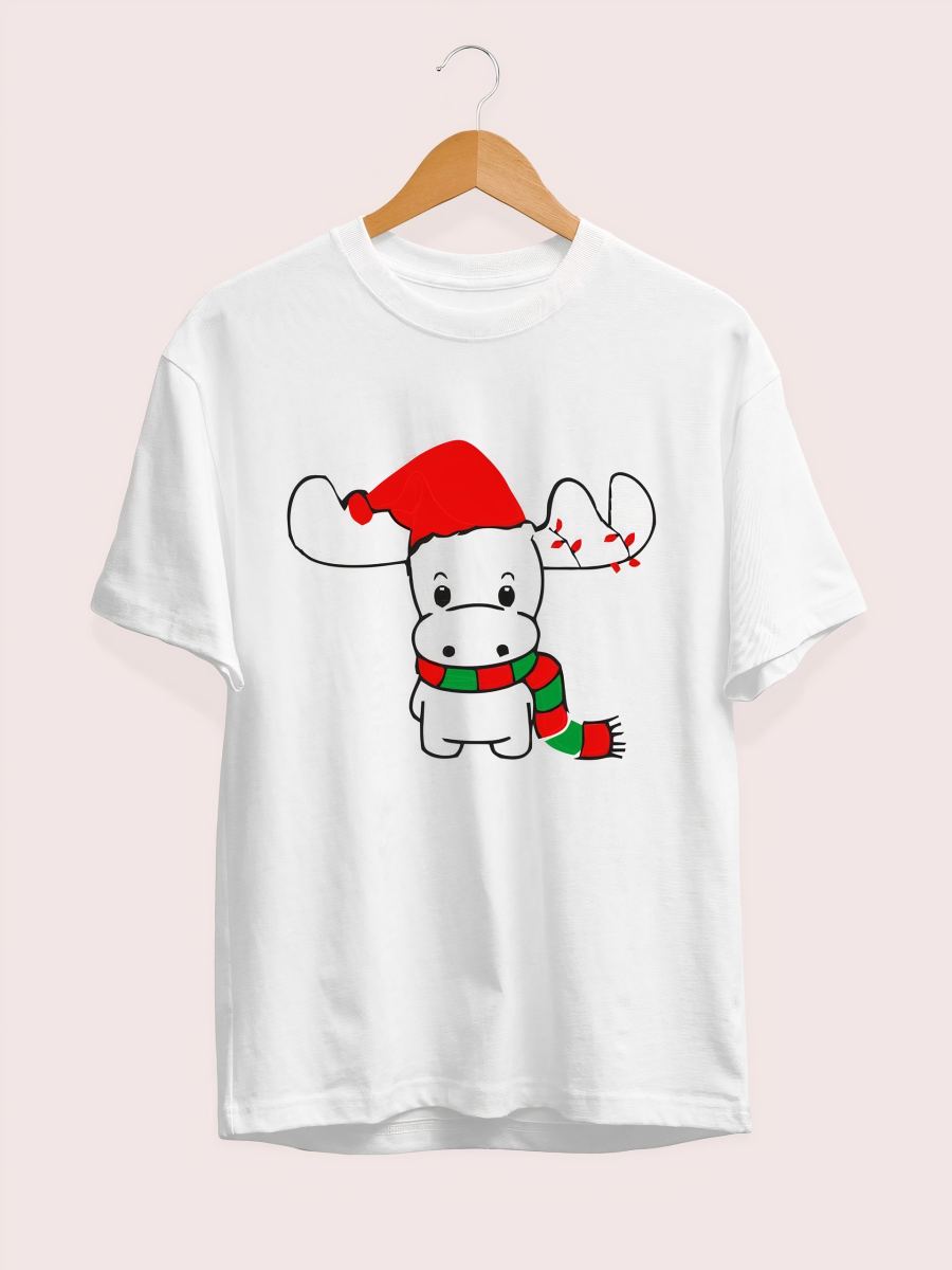 Yılbaşı Tişört Ren Geyiği baskılı Noel İçin T-shirt - Beyaz