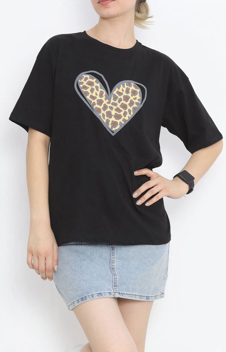 14 Şubat Tişört Sevgililer Günü İçin Özel Tasarım Leopar Kalp Baskılı T-shirt - Siyah