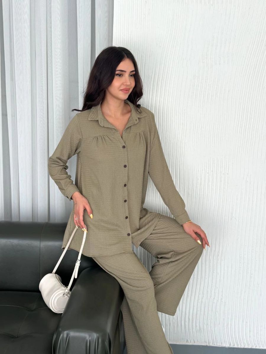 Kadın Yakalı Düğmeli Uzun Kollu Gömlek Pantolon ikili Takım - Bej