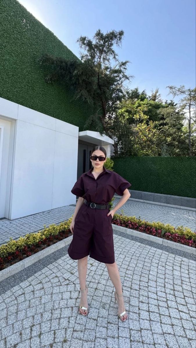 Kadın Yakalı Gömlek Kemerli Şortlu Alt-Üst Takım - Bordo