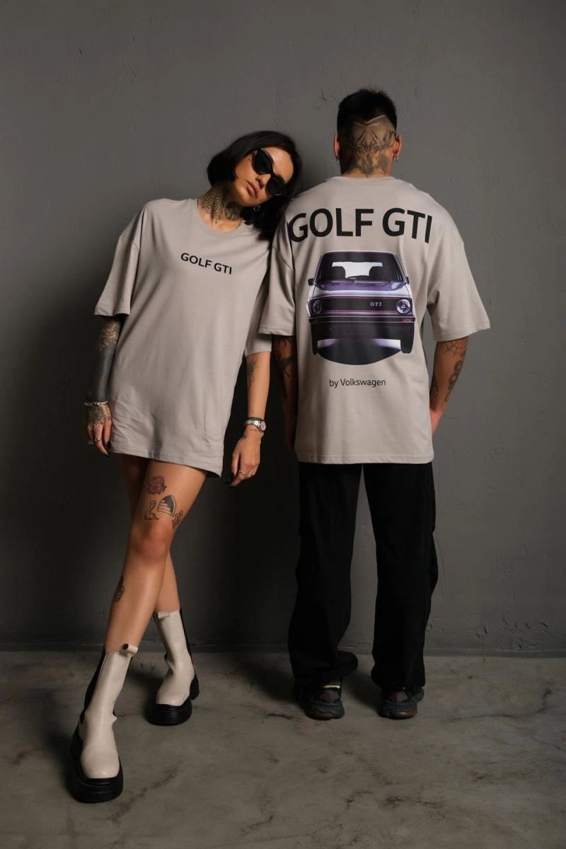 Erkek Oversize Tişört Golf GTI Retro Araba Baskılı T-shirt - Gri