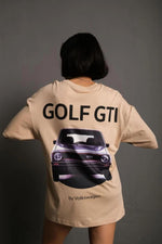 Kadın Oversize Tişört Golf GTI Retro Araba Baskılı T-shirt - Bej
