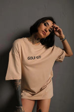 Kadın Oversize Tişört Golf GTI Retro Araba Baskılı T-shirt - Bej