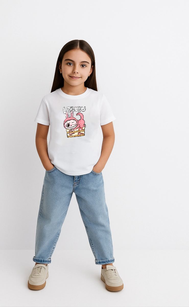 Kız Labubu Çocuk Baskılı T-Shirt - Beyaz
