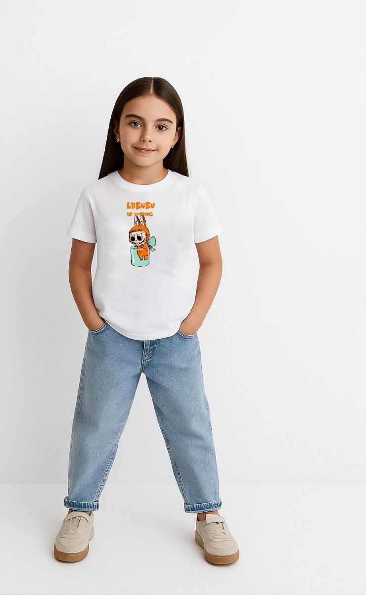 Kız Labubu Çocuk Baskılı T-Shirt - Beyaz