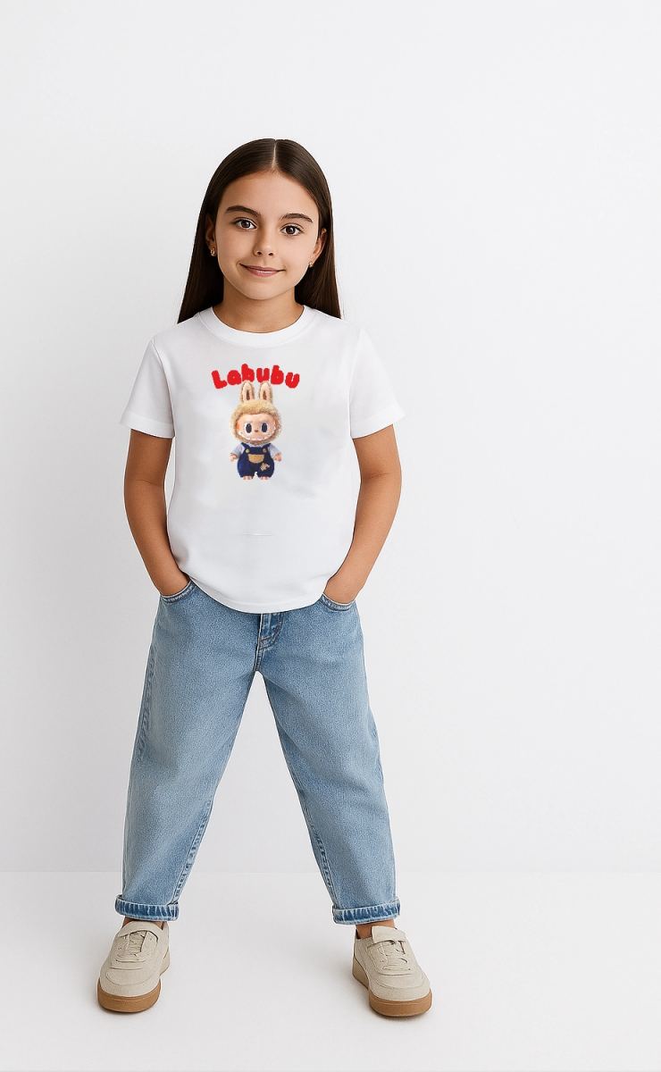 Kız Labubu Çocuk Baskılı T-Shirt - Beyaz