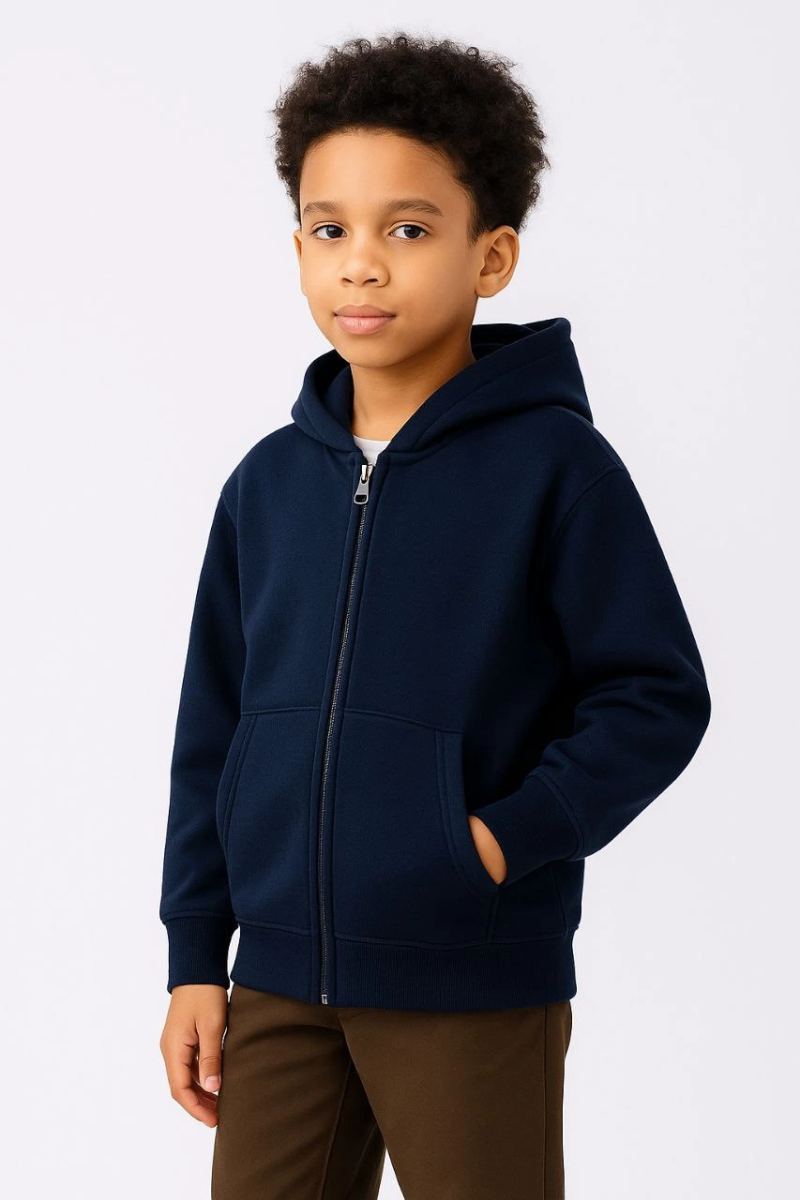 Erkek Çocuk Kapüşonlu Kanguru Cepli Tam Fermuarlı Hırka SweatShirt - Lacivert