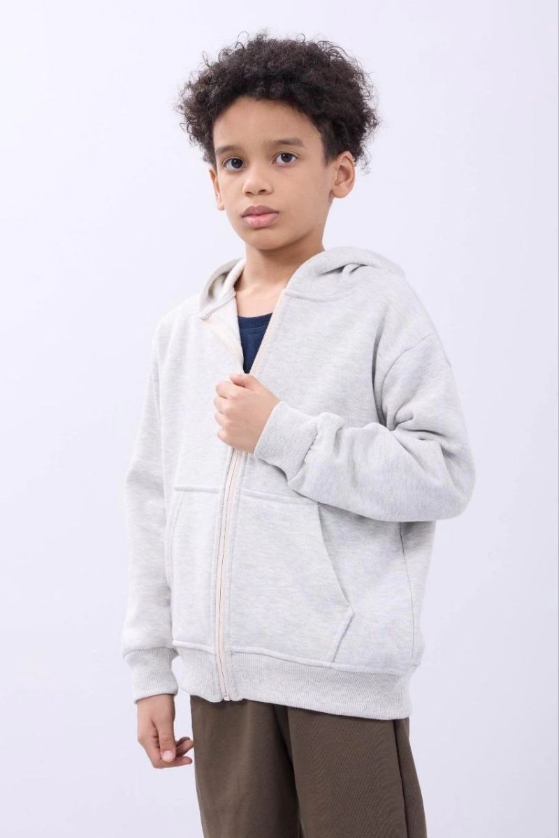 Erkek Çocuk Kapüşonlu Kanguru Cepli Tam Fermuarlı Hırka SweatShirt - Gri
