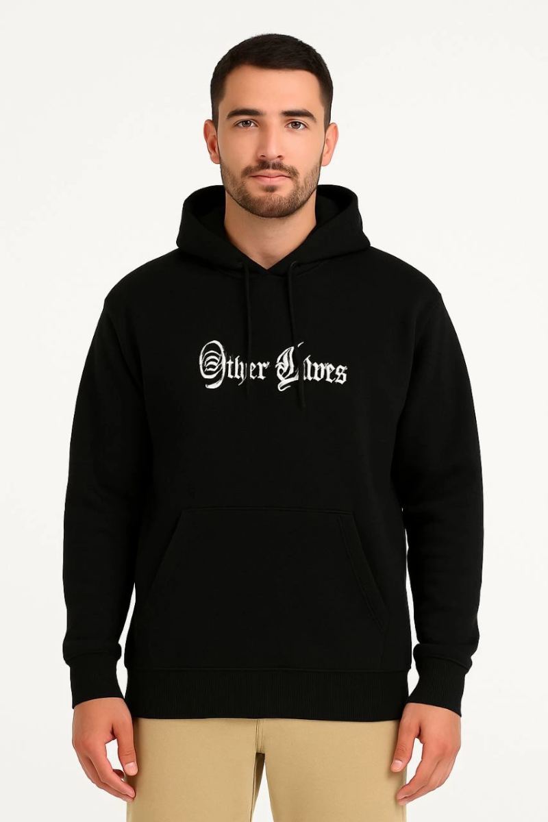 Erkek Kapüşonlu Kanguru Cepli Sweatshirt 3 İplik Pamuklu Baskılı Hoodie - Siyah