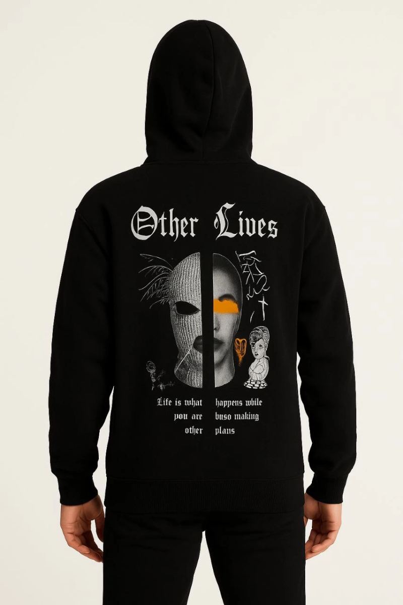 Erkek Kapüşonlu Kanguru Cepli Sweatshirt 3 İplik Pamuklu Baskılı Hoodie - Siyah