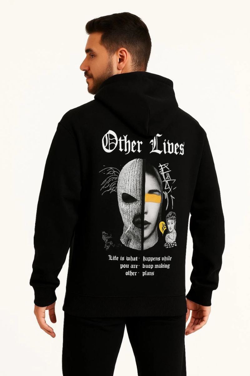 Erkek Kapüşonlu Kanguru Cepli Sweatshirt 3 İplik Pamuklu Baskılı Hoodie - Siyah