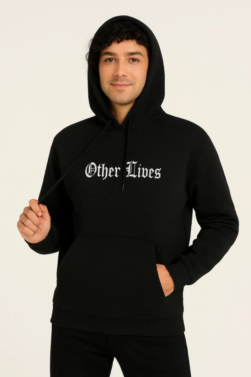 Erkek Kapüşonlu Kanguru Cepli Sweatshirt 3 İplik Pamuklu Baskılı Hoodie - Siyah