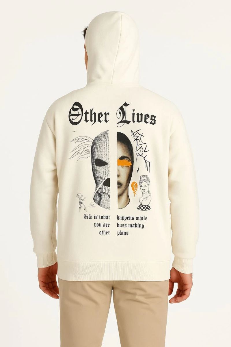 Erkek Kapüşonlu Kanguru Cepli Sweatshirt 3 İplik Pamuklu Baskılı Hoodie - Beyaz