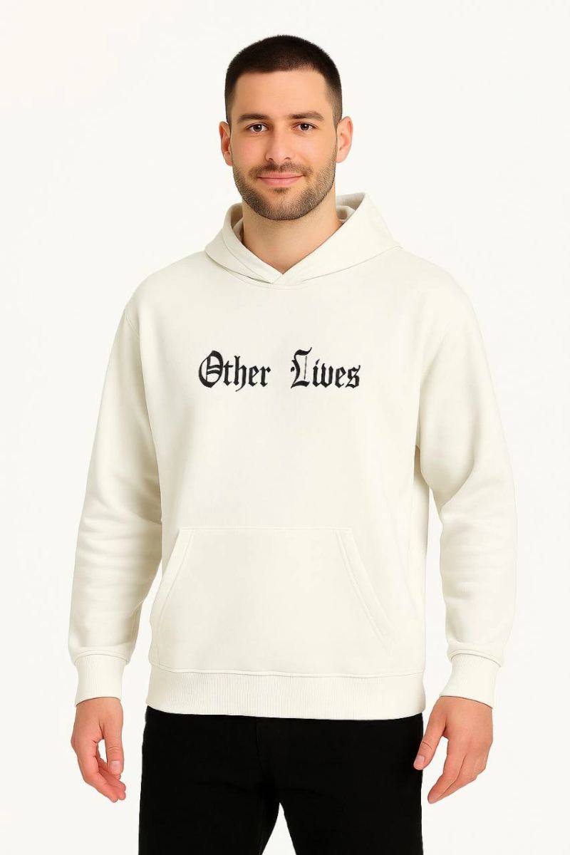 Erkek Kapüşonlu Kanguru Cepli Sweatshirt 3 İplik Pamuklu Baskılı Hoodie - Beyaz