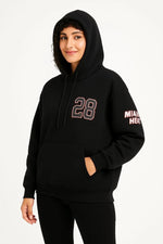 Kadın 3 İplik Pamuklu Kapüşonlu Kanguru Cepli Baskılı Hoodie Sweatshirt - Siyah