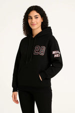 Kadın 3 İplik Pamuklu Kapüşonlu Kanguru Cepli Baskılı Hoodie Sweatshirt - Siyah
