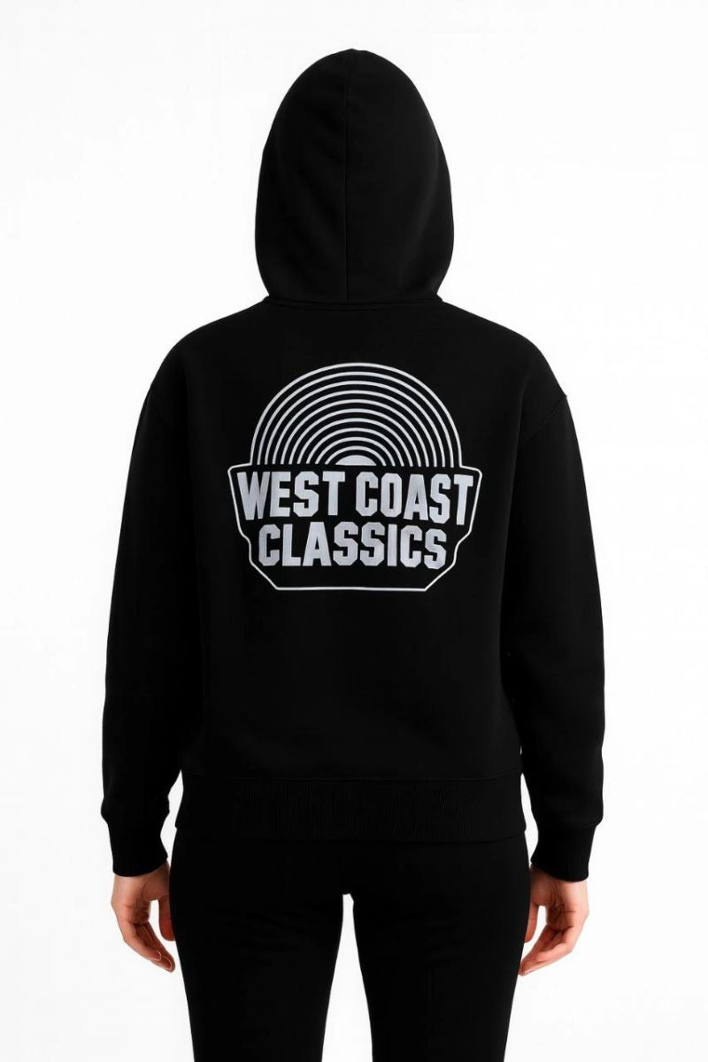 Kadın Oversize Kapüşonlu Cepli Baskılı 3 İplik Pamuklu Hoodie Sweatshirt - Siyah
