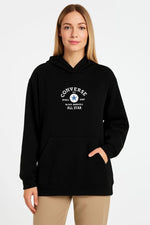 Kadın Kapüşonlu Kanguru Cepli Sweatshirt 3 İplik Pamuklu Baskılı Hoodie - Siyah