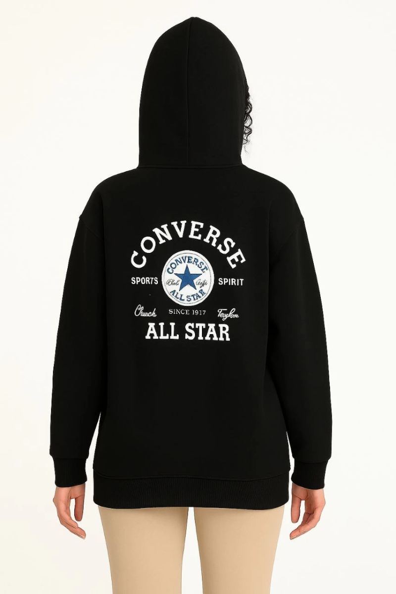 Kadın Kapüşonlu Kanguru Cepli Sweatshirt 3 İplik Pamuklu Baskılı Hoodie - Siyah