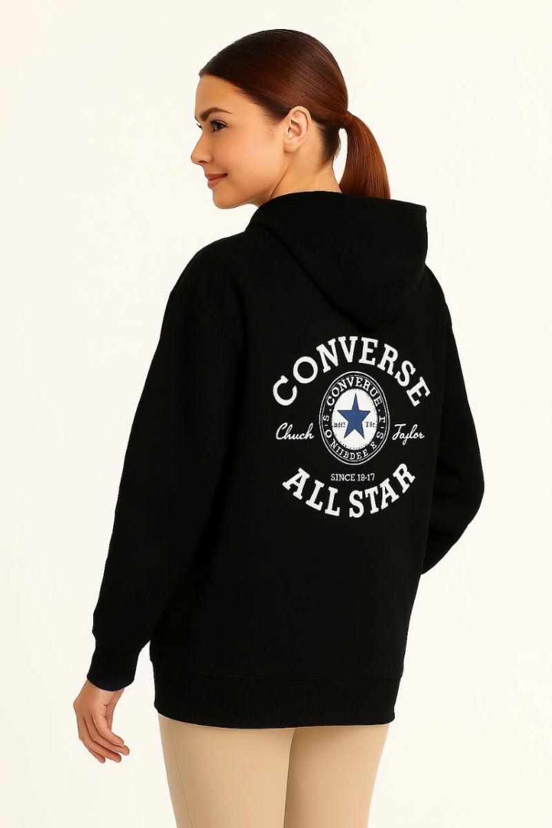 Kadın Kapüşonlu Kanguru Cepli Sweatshirt 3 İplik Pamuklu Baskılı Hoodie - Siyah