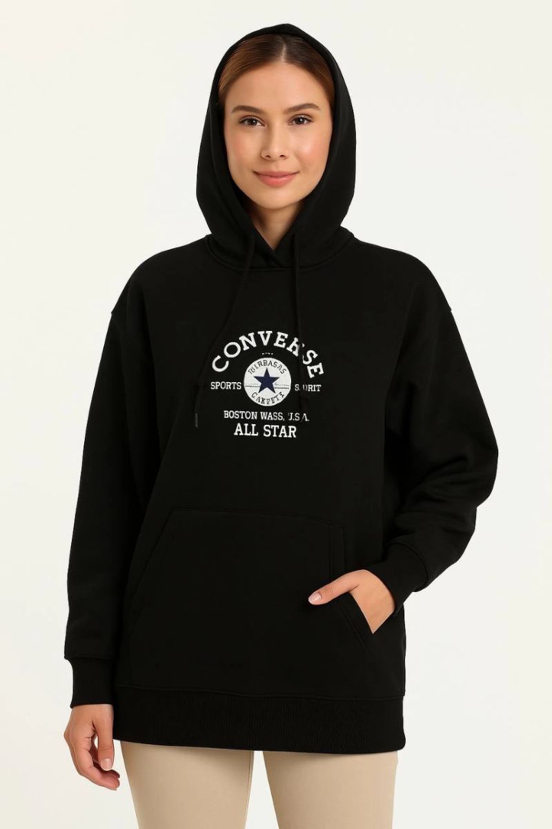 Kadın Kapüşonlu Kanguru Cepli Sweatshirt 3 İplik Pamuklu Baskılı Hoodie - Siyah