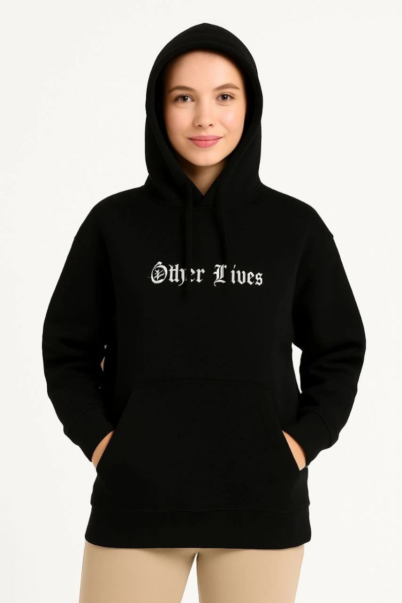 Kadın Kapüşonlu Kanguru Cepli Sweatshirt 3 İplik Pamuklu Baskılı Hoodie - Siyah