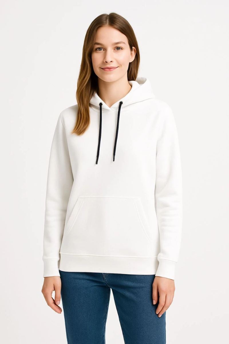 Kadın Kapüşonlu Kanguru Cepli 3 İplik Pamuklu Oversize Hoodie Sweatshirt - Beyaz