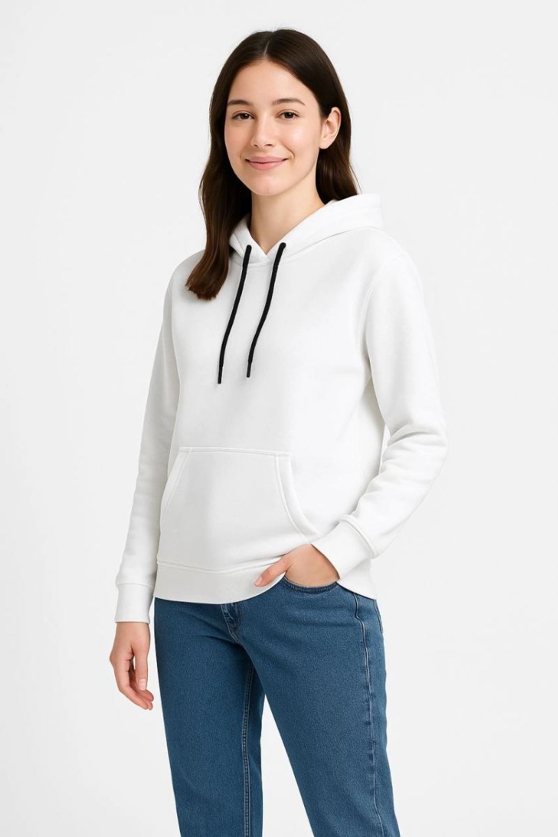 Kadın Kapüşonlu Kanguru Cepli 3 İplik Pamuklu Oversize Hoodie Sweatshirt - Beyaz