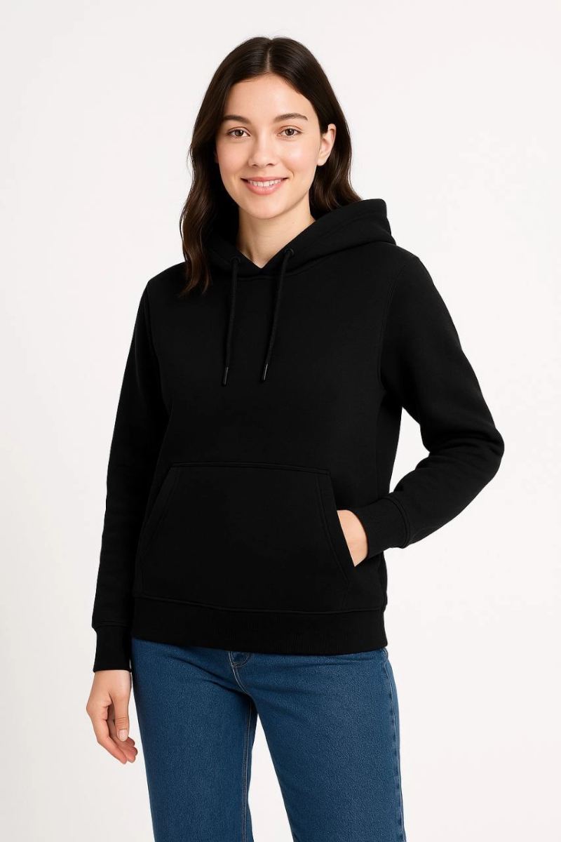 Kadın 3 İplik Pamuklu Kapüşonlu Kanguru Cepli Sweatshirt hoodie - Siyah