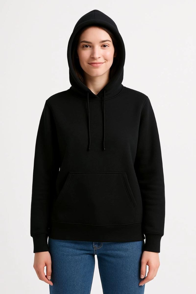 Kadın 3 İplik Pamuklu Kapüşonlu Kanguru Cepli Sweatshirt hoodie - Siyah