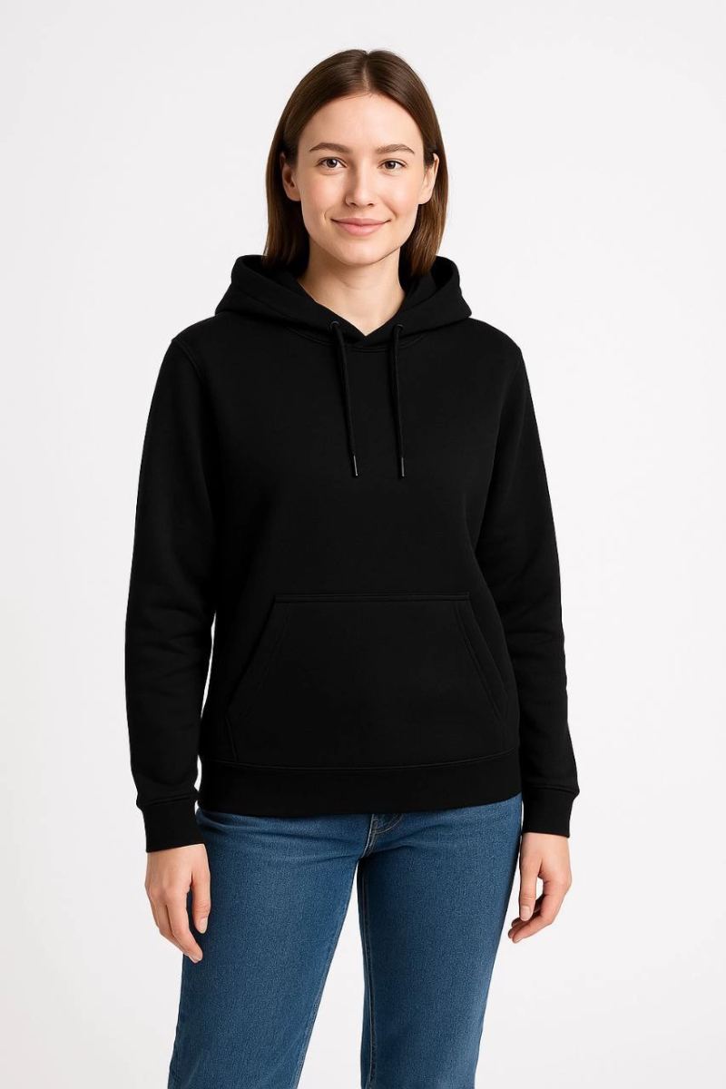 Kadın 3 İplik Pamuklu Kapüşonlu Kanguru Cepli Sweatshirt hoodie - Siyah