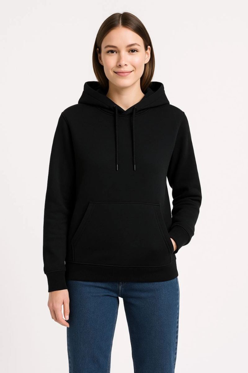 Kadın 3 İplik Pamuklu Kapüşonlu Kanguru Cepli Sweatshirt hoodie - Siyah