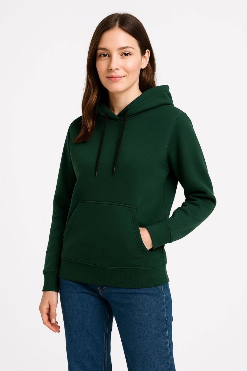 Kadın 3 İplik Pamuklu Kapüşonlu Kanguru Cepli Sweatshirt hoodie - Haki