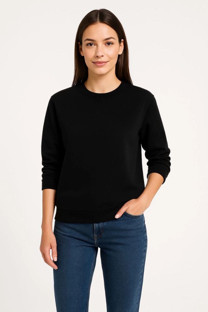 Kadın 3 İplik Pamuklu Düz Bisiklet Yaka SweatShirt - Siyah