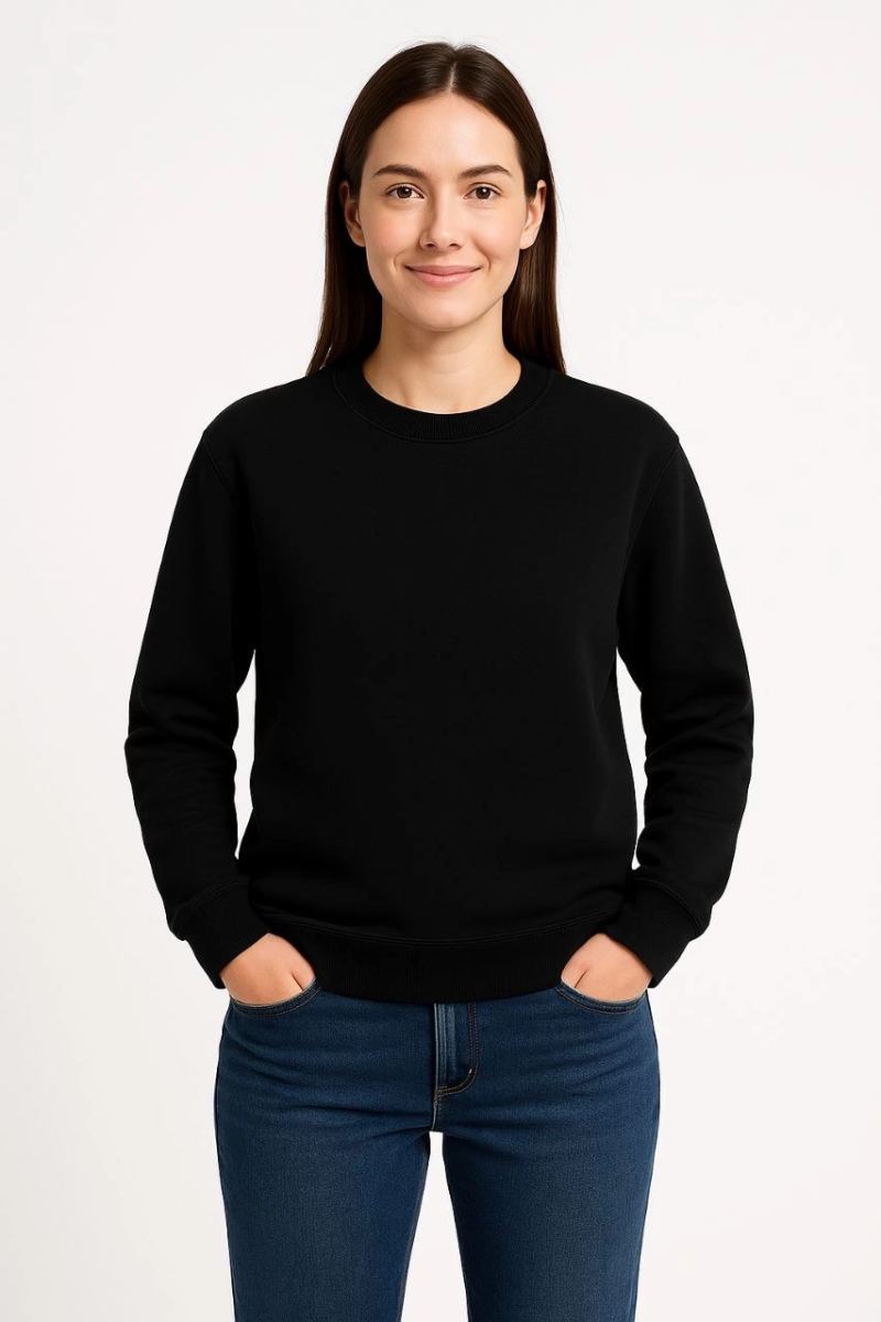 Kadın 3 İplik Pamuklu Düz Bisiklet Yaka SweatShirt - Siyah