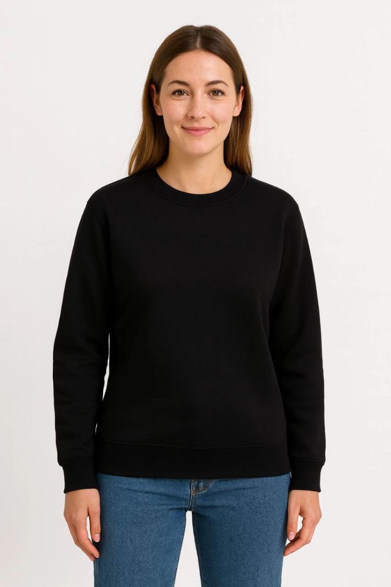 Kadın 3 İplik Pamuklu Düz Bisiklet Yaka SweatShirt - Siyah